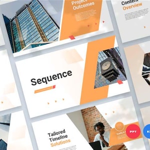 Può includere: Una serie di diapositive di presentazione dal design moderno. Le diapositive presentano uno sfondo bianco con forme geometriche arancioni e grigie. Il testo include "Sequence" e "Tailored Timeline Solutions". Sono presenti anche immagini di una torre dell'orologio e di un edificio moderno.