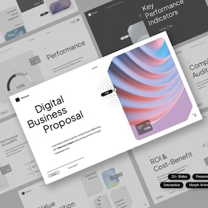 May include: A digital business proposal presentation featuring a colourful abstract design. The presentation includes slides with charts, graphs, and text. The title slide reads "Digital Business Proposal".