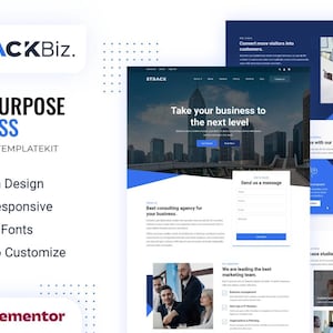 May include: A website template kit for businesses, featuring a modern design, full responsiveness, Google Fonts, and easy customization. The website template is built with Elementor, a popular WordPress website builder.