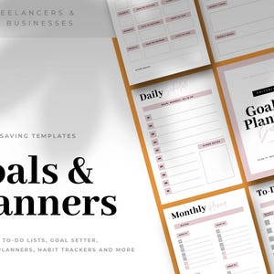 Può includere: Un set di 24 modelli di obiettivi e pianificatori stampabili per freelance e aziende online. I modelli sono progettati in uno stile minimalista con uno schema di colori rosa e bianco. I modelli includono elenchi giornalieri, settimanali, mensili e liste di cose da fare.