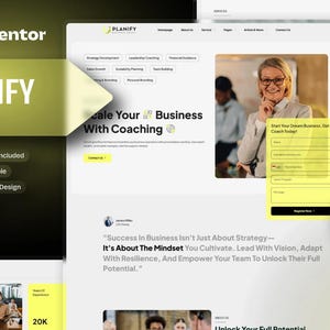 Può includere: Uno screenshot di un sito web per un servizio di coaching aziendale chiamato Planify. Il sito web presenta una donna con una camicia bianca e occhiali, una call to action per "Inizia la tua attività da sogno", e il testo "Scala la tua attività con il coaching".