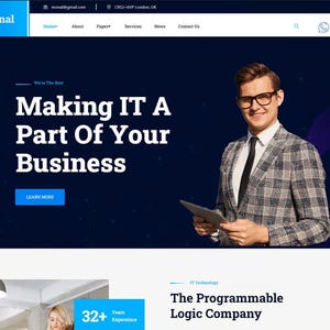 Può includere: La home page di un sito web per Monal, un'azienda IT specializzata nel rendere l'IT parte del tuo business. Il sito web presenta uno sfondo blu scuro con un titolo di testo bianco e un pulsante di invito all'azione che dice "Scopri di più". Il sito web presenta anche una foto di un uomo in giacca e cravatta che tiene un tablet.