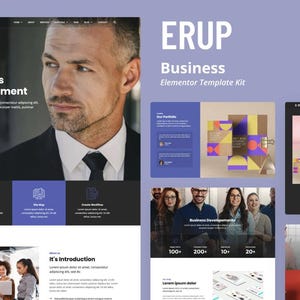 May include: A website design template kit for businesses, featuring a blue and white color scheme with geometric shapes and text that reads "ERUP Business Elementor Template Kit".