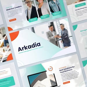 Può includere: Modello di presentazione "Arkadia" con tema business e gestione. Le diapositive presentano immagini di professionisti, grafici e testo. La combinazione di colori include verde acqua, arancione e bianco.