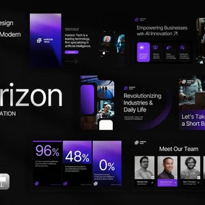 Könnte beinhalten: Eine Technologie-Präsentationsvorlage mit einem violetten und schwarzen Farbschema. Die Vorlage verfügt über ein futuristisches und modernes Design mit 30 Folien. Der Text "Horizon Tech Presentation" wird in einer großen, fetten Schrift angezeigt. Die Vorlage ist in PowerPoint und Google Slides verfügbar.
