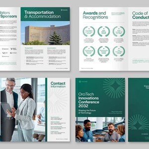 May include: A brochure for the OrciTech Innovations Conference 2032. The brochure features a green and white color scheme with a geometric design. The text on the brochure includes the conference name, date, and location. The brochure also includes information about the conference, including the speakers, topics, and registration.