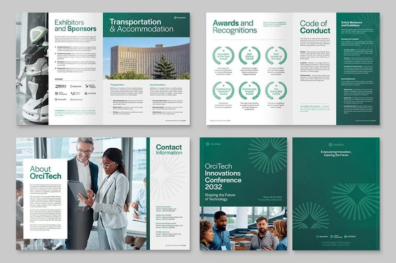 May include: A brochure for the OrciTech Innovations Conference 2032. The brochure features a green and white color scheme with a geometric design. The text on the brochure includes the conference name, date, and location. The brochure also includes information about the conference, including the speakers, topics, and registration.