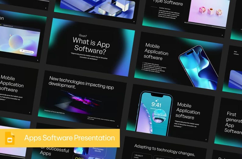 Peut inclure: Une pr&eacute;sentation sur le d&eacute;veloppement de logiciels d'applications. Les diapositives pr&eacute;sentent une vari&eacute;t&eacute; d'images, notamment un t&eacute;l&eacute;phone avec un design abstrait color&eacute;, un ordinateur portable avec un &eacute;cran lumineux et une repr&eacute;sentation 3D d'un t&eacute;l&eacute;phone. Le texte sur les diapositives comprend le titre "Pr&eacute;sentation des logiciels d'applications" et la phrase "Qu'est-ce qu'un logiciel d'application ?"