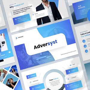 Pode incluir: Uma série de slides de apresentação digital em azul e branco. Os slides incluem texto, gráficos e imagens, incluindo o nome da empresa "Adversyst" e o texto "36 Slides Key". O tema é publicidade e marketing.