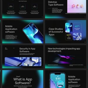Peut inclure: Une pr&eacute;sentation sur les logiciels d'application avec un fond sombre et des d&eacute;grad&eacute;s bleus et verts. Les diapositives comprennent du texte sur les logiciels d'application mobile, la s&eacute;curit&eacute; des logiciels d'application, des &eacute;tudes de cas d'applications r&eacute;ussies, des strat&eacute;gies de mon&eacute;tisation et l'avenir des logiciels d'application. Les diapositives incluent &eacute;galement des images de smartphones et d'autres technologies.