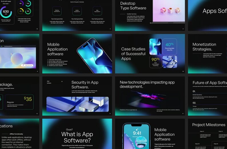 Peut inclure: Une pr&eacute;sentation sur les logiciels d'application avec un fond sombre et des d&eacute;grad&eacute;s bleus et verts. Les diapositives comprennent du texte sur les logiciels d'application mobile, la s&eacute;curit&eacute; des logiciels d'application, des &eacute;tudes de cas d'applications r&eacute;ussies, des strat&eacute;gies de mon&eacute;tisation et l'avenir des logiciels d'application. Les diapositives incluent &eacute;galement des images de smartphones et d'autres technologies.