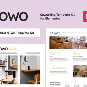 Könnte beinhalten: Eine weiße und goldene Broschüre mit dem Text "COWO Coworking Template Kit for Elementor" und Bildern eines Coworking-Spaces. Die Broschüre enthält auch den Text "ELEMENTOR Template Kit" und "COWORKING".