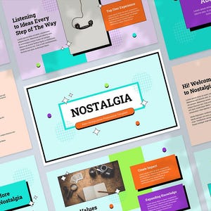 May include: A collection of colorful presentation slides with the word "NOSTALGIA" in the center. The slides feature text, geometric shapes, and retro-style illustrations, with a vintage aesthetic. The color palette includes teal, orange, purple, and pink.