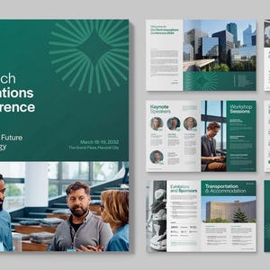 May include: A green brochure with the text "OrciTech Innovations Conference 2032" and "Shaping the Future of Technology". The brochure also includes the dates "March 18-19, 2032" and the location "The Grand Plaza, Pleasant City".