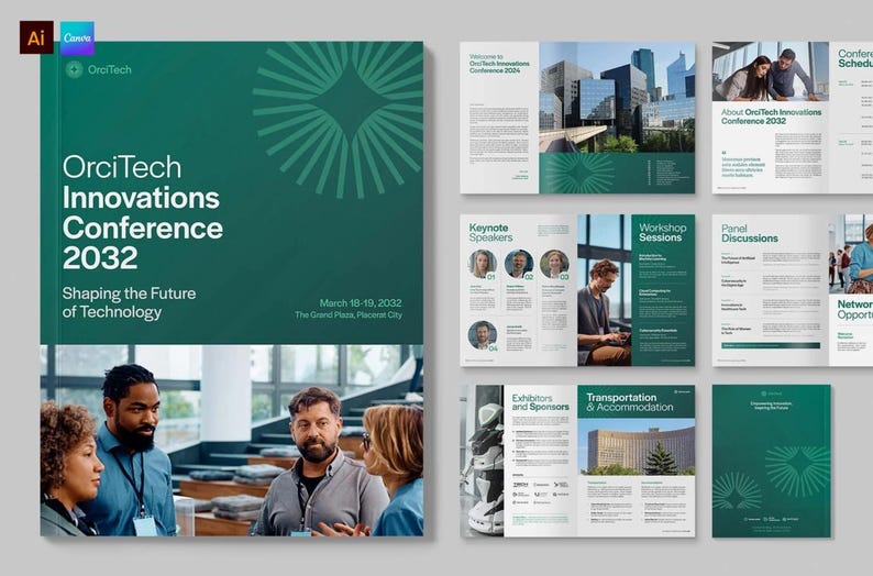 May include: A green brochure with the text "OrciTech Innovations Conference 2032" and "Shaping the Future of Technology". The brochure also includes the dates "March 18-19, 2032" and the location "The Grand Plaza, Pleasant City".