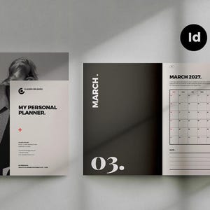 May include: A black and white image of a personal planner with the text "MY PERSONAL PLANNER." on the cover. The planner is open to the month of March 2027.