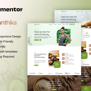 Peut inclure: Une conception de site web pour "santhika" avec le slogan "Natural care for natural beauty." La conception présente une femme tenant une boisson, et du texte qui dit "100% Responsive Design and Mobile Friendly" et "SEO Friendly."