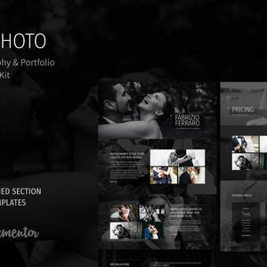 May include: A website mockup for a photography and portfolio template kit called "Fabphoto". The website features a black and white colour scheme with gold accents. The website includes a pricing table with three different packages. The website also includes a section for testimonials and a contact form.