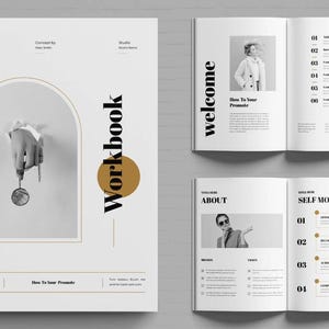 Könnte beinhalten: Ein schwarz-weißes Arbeitsbuch mit einem goldenen Kreis und dem Wort "Workbook" in fettem Schwarz. Das Cover zeigt eine Hand, die durch ein Loch in einer weißen Wand greift und eine Lupe hält. Der Text "How To Inner Promote" befindet sich am unteren Rand des Covers.