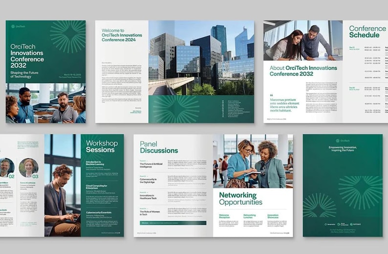 May include: A brochure for the OrciTech Innovations Conference 2032. The brochure features a green and white color scheme with a stylized starburst design. The text on the brochure includes the conference name, date, and location. The brochure also includes information about the conference schedule, workshops, panel discussions, and networking opportunities.