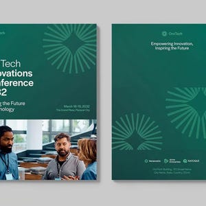 May include: A green brochure with a white starburst design and the text "OrciTech Innovations Conference 2032" and "Shaping the Future of Technology". The brochure also includes a photo of four people in a conference setting.