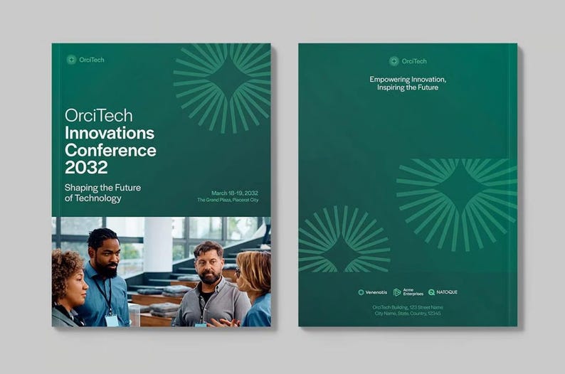 May include: A green brochure with a white starburst design and the text "OrciTech Innovations Conference 2032" and "Shaping the Future of Technology". The brochure also includes a photo of four people in a conference setting.
