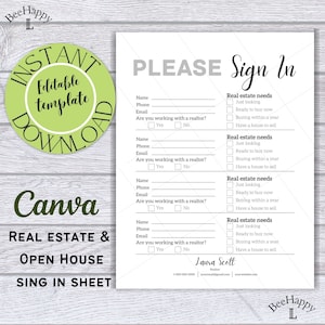Open house sign in sheet,Real estate marketing tools,Real estate printable,Open house sign-in printable,Open house,Realtor branding,editable