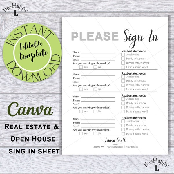 Open house sign in sheet,Real estate marketing tools,Real estate printable,Open house sign-in printable,Open house,Realtor branding,editable