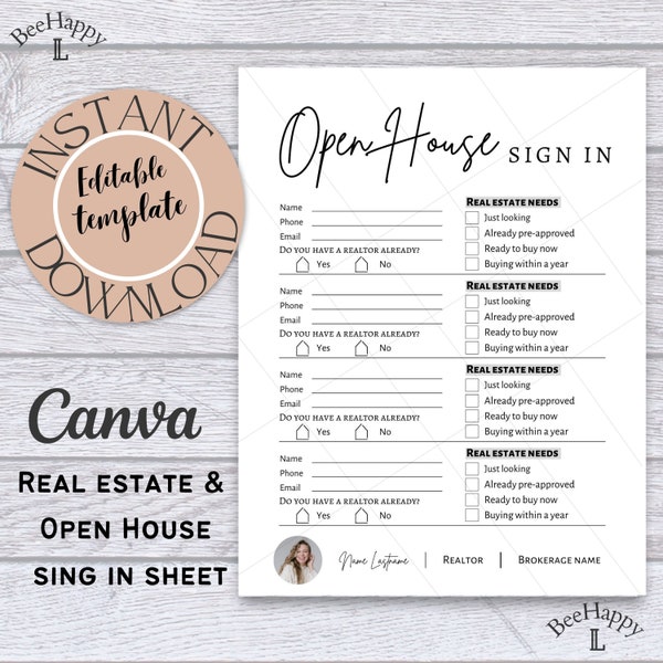 Open house sign in sheet,Real estate marketing,Open house,Open house sign-in printable,Real estate printable,Realtor download,editable,canva