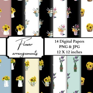 Floral Arrangements Digital Paper Pack | Flower bouquet | Floral pattern | Wildflower scrapbook | Scrapbook paper | Sunflower | Stationery