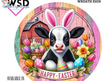 Happy Easter Cow with Tulips and Daffodils Wreath with Easter eggs and florals metal  wreath sign attachment