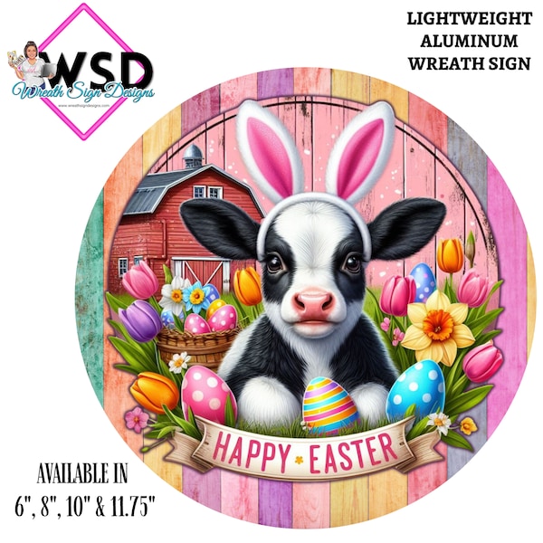 Happy Easter Cow with Tulips and Daffodils Wreath with Easter eggs and florals metal  wreath sign attachment