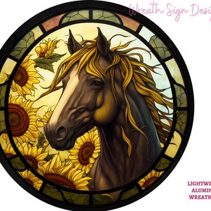 Falso vitral Caballo con girasoles Signo de corona Signo amarillo para coronas- Corona de metal Signo adjunto
