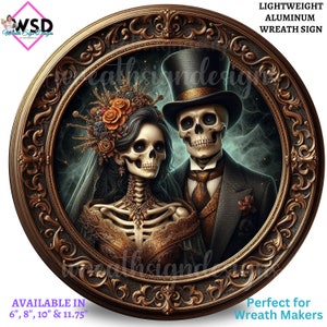 Letrero de corona de Halloween, Novia y novio esqueleto negro y dorado, Día de los Muertos, Decoración de puerta de letrero de corona, Letreros para creadores de coronas