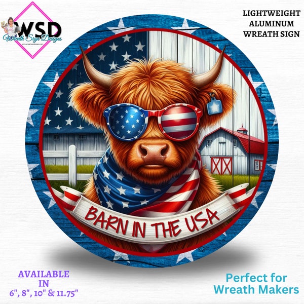 Barn in the USA Patriotic Highland Cow Patriotic Summer 4th of July cow Wreath Sign for your Front Door Wreath
