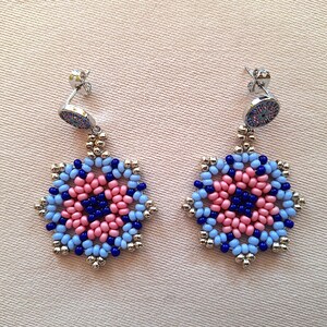Beautiful Floral Earrings with Colorful Glass Stones/Mexican Inspired/Huichol/Inspired By Mexican folk art/Beaded Flower
