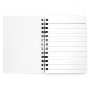 May include: A white spiral bound notebook with lined pages. The notebook is open and the pages are blank.