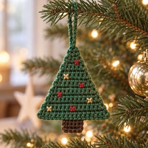 Puede incluir: Un adorno navideño triangular de ganchillo en hilo verde oscuro con un tronco marrón. El árbol presenta pequeños detalles bordados en forma de X con hilo rojo y dorado, e incluye un lazo de ganchillo verde a juego en la parte superior.