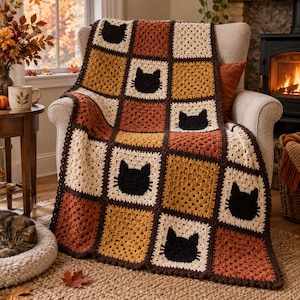 May include: A crochet blanket made of square patches in cream, mustard yellow, and burnt orange. Several cream squares feature a black cat face silhouette. The blanket has a dark brown border and is draped over a chair in a cozy room setting.