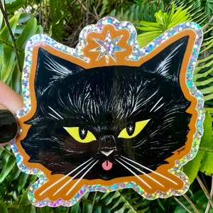 Glitter Halloween Black Cat Sticker / Blep Cat Sticker / Vintage Halloween Sticker/ Vinyl Sticker / Waterproof Sticker /Hydroflask Sticker
