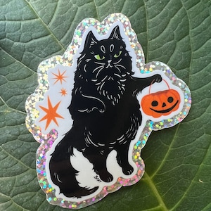 Glitter Halloween Cat Sticker / Cat Sticker / Vintage Halloween Sticker/ Vinyl Sticker / Waterproof Sticker /Hydroflask Sticker