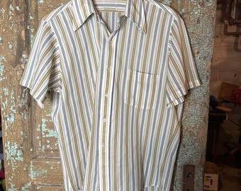 Vintage Polyester Striped Button Down Short Sleeve Shirt Bowling Large No Brand