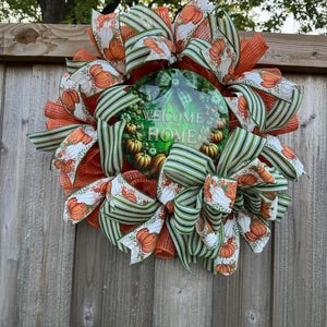Pumpkin Welcome Wreath | Fall Door Decor | Autumn Mesh Wreath with Pumpkins and Bows | Welcome to Our Home Sign | Thanksgiving Front Door