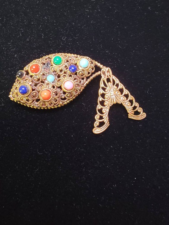 Vintage Brass and multi colored stone brooch West 