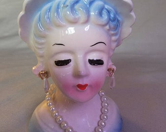 Mini jarrón vintage con forma de cabeza de mujer, Japón, cabello azul