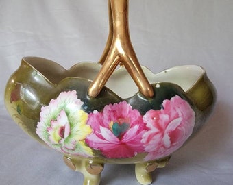 Cesta de porcelana vintage con asa de oro