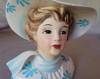 Jarrón vintage con forma de cabeza de dama - Sombrero floral, decoración de cerámica, 15 cm de alto