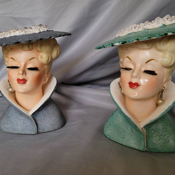 RARE PAIR Vintage Lady Head Vases NAPCO