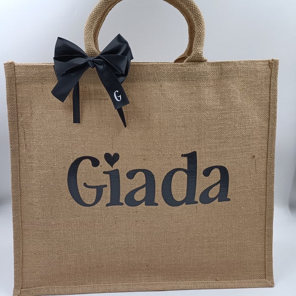 Customizable name jute bag + bow for hair