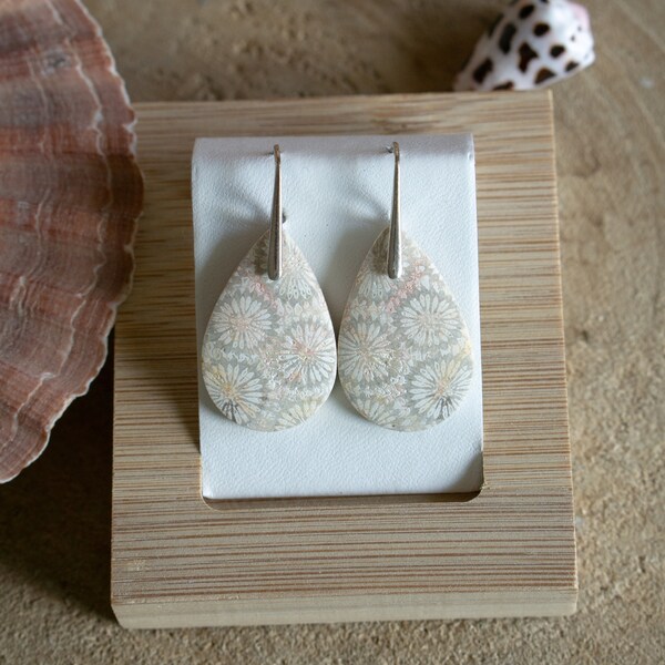 Natural Fossil Coral Stone Earrings from Indonesia Elegant Grey Sterling Silver